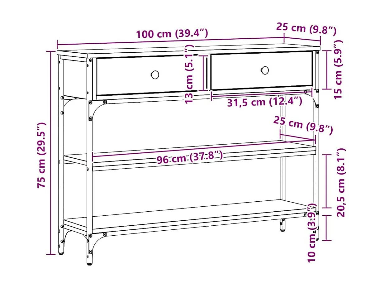 Table Console avec tiroir chêne artisanal 100 x 25 x 75 cm
