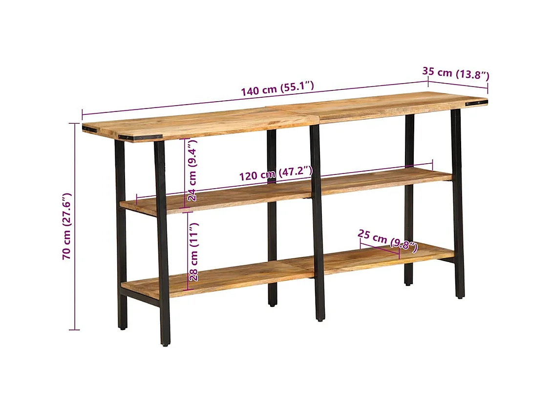 Mesa consola de madera maciza de mango 140x35x70 cm