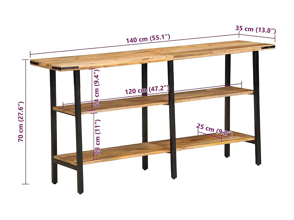 Mesa consola de madera maciza de mango 140x35x70 cm