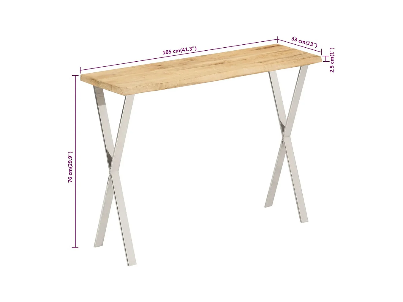 Mesa consola con borde natural madera mango maciza 105x33x76 cm