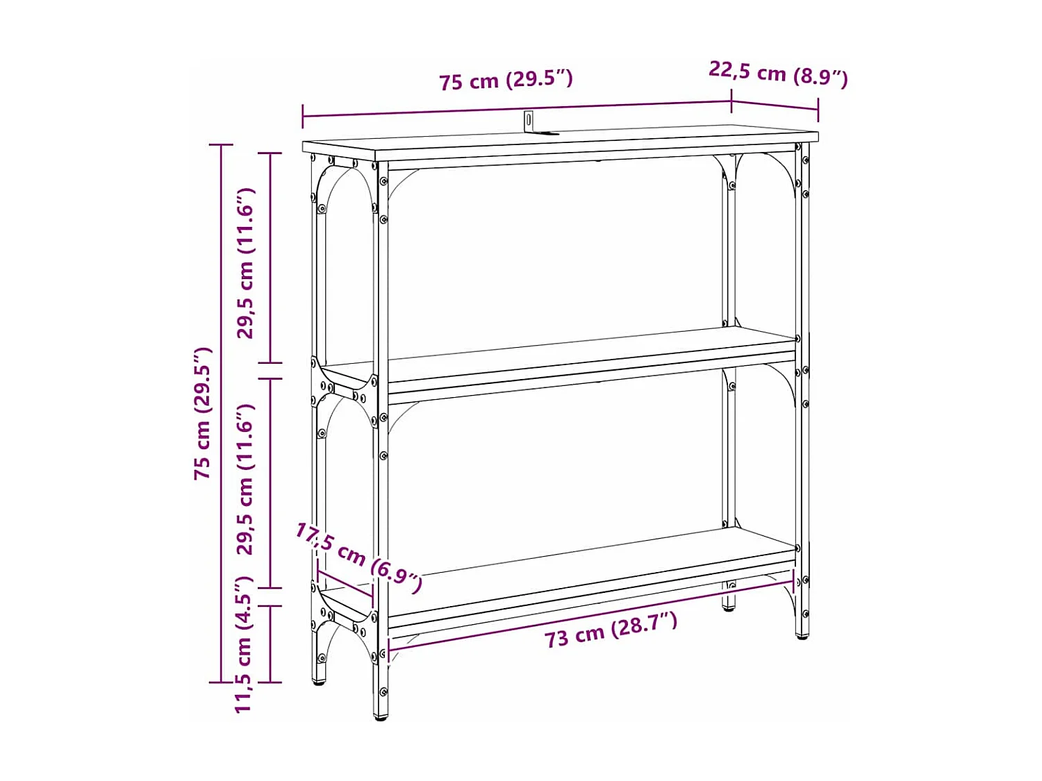 Table console avec étagère Chêne noir 75 x 22.5 x 75 cm