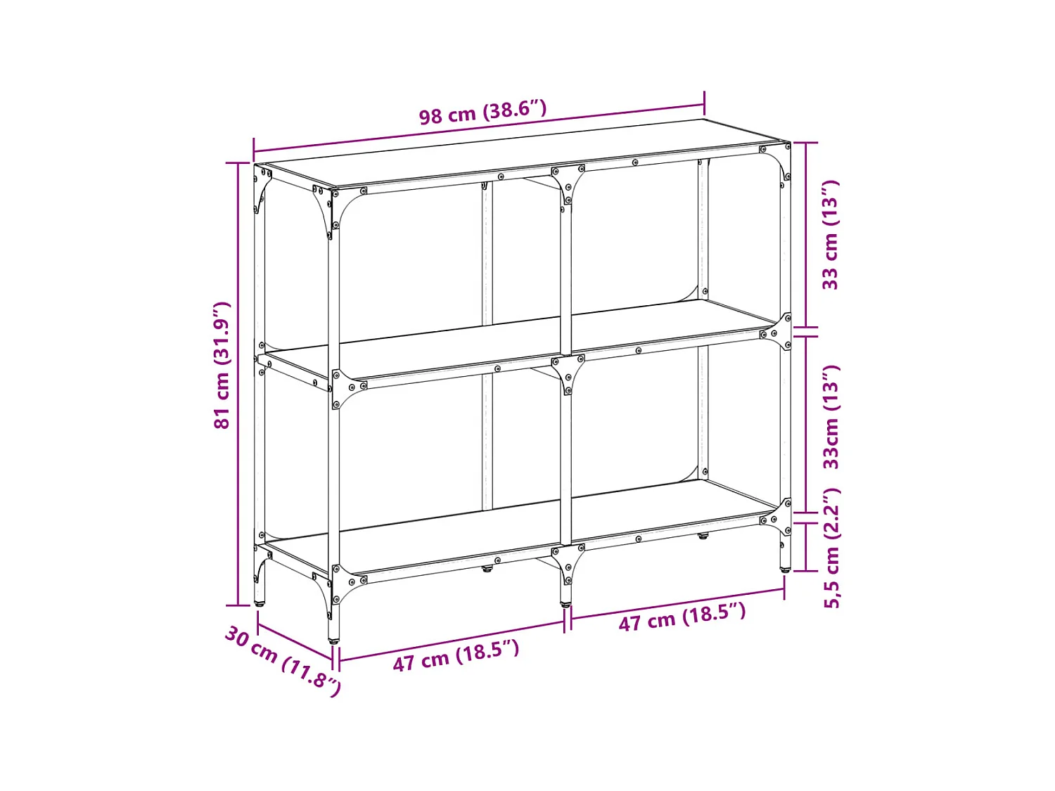 Table console avec dessus en verre transparent 98x30x81cm acier