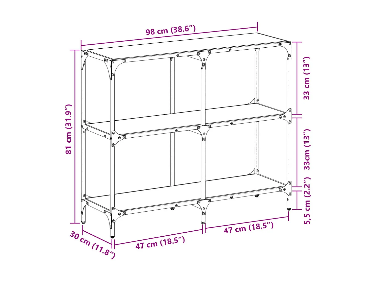 Table console avec dessus en verre transparent 98x30x81cm acier