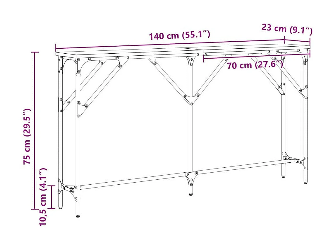Table console chêne artisanal 140 x 23 x 75 cm