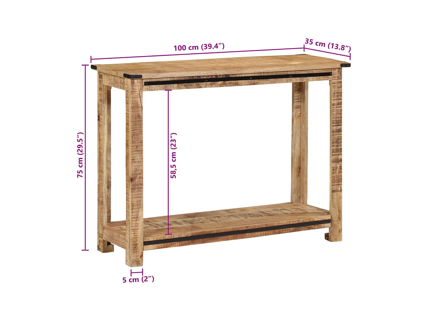 Mesa consola de madera maciza de mango 100x35x75 cm