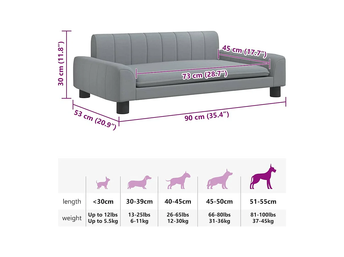 Cama para perros de tela gris claro 90x53x30 cm