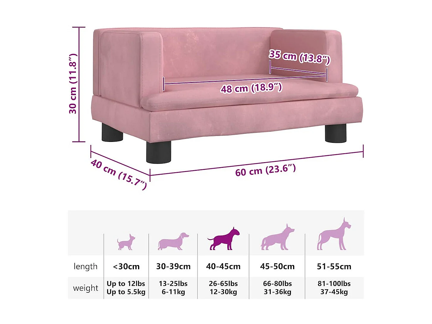 Cama para perros de terciopelo rosa 60x40x30 cm