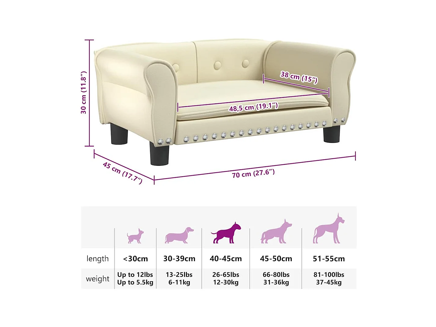 Cama para perros de cuero sintético crema 70x45x30 cm