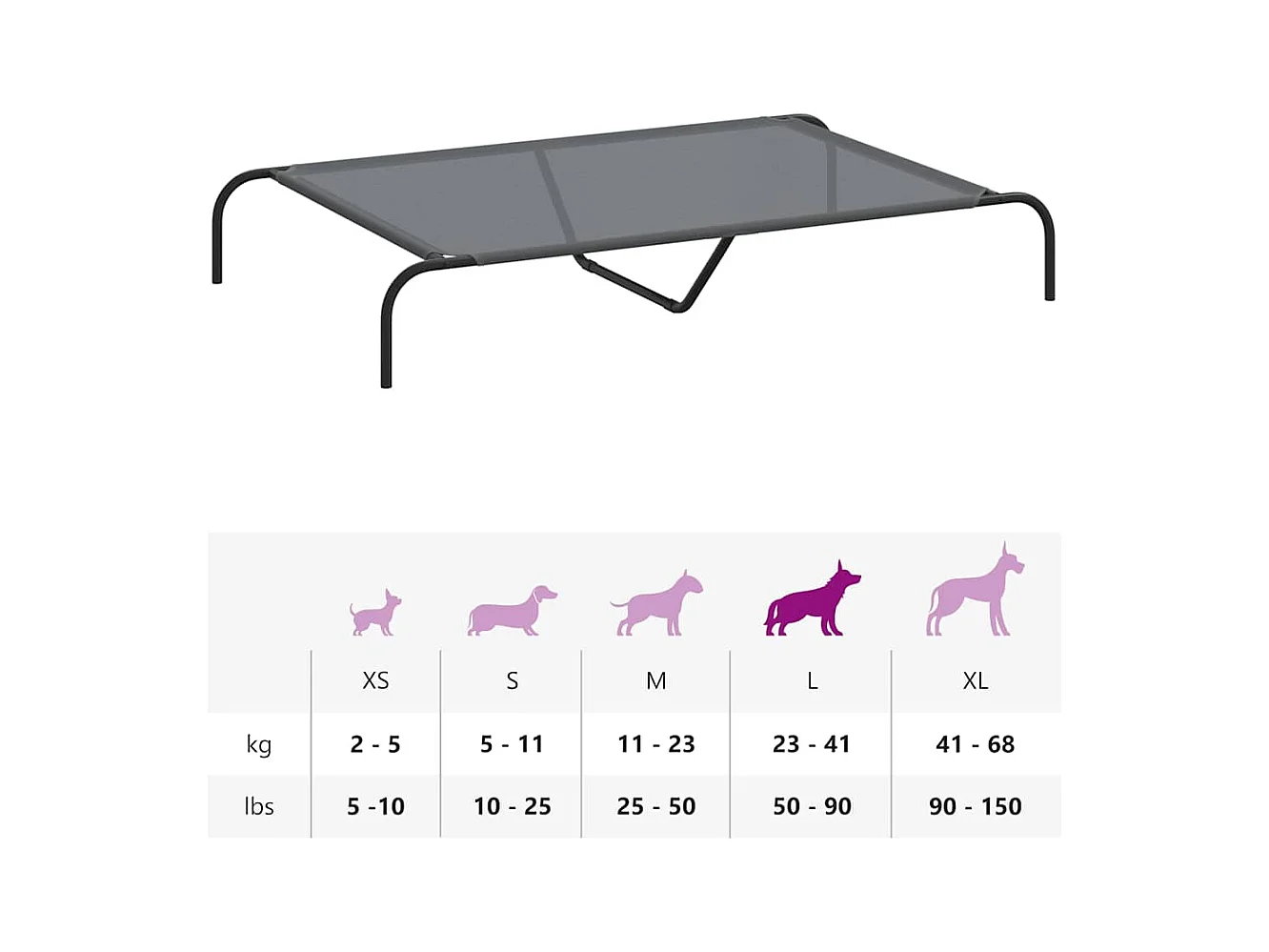 Lit surélevé pour chien gris 130x80x20 cm textilène et acier