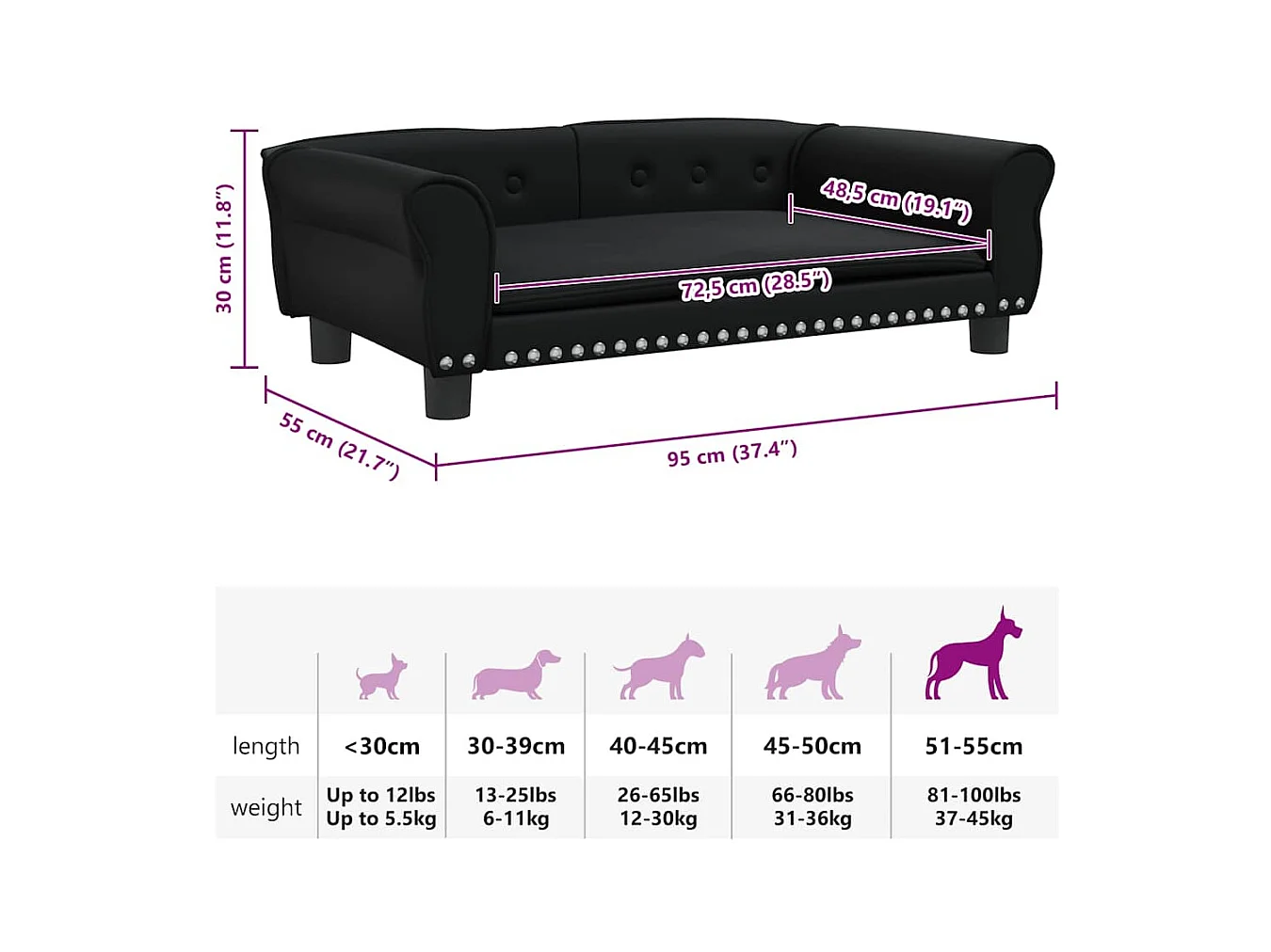Cama para perros de cuero sintético negra 95x55x30 cm