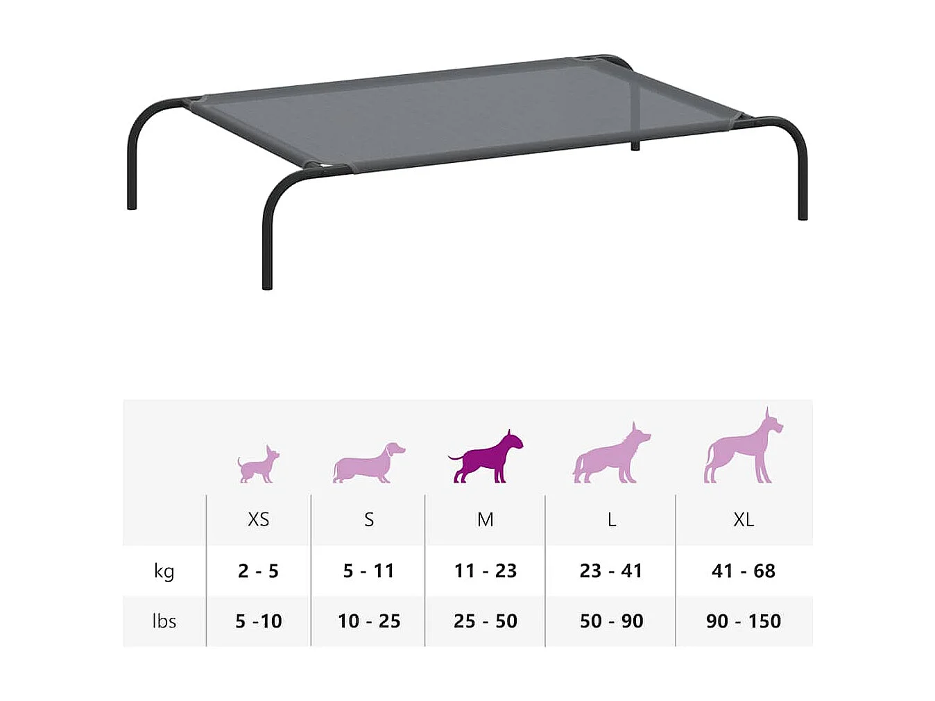 Cama para cães elevada 110x65x20 cm Textilene e aço cinzento