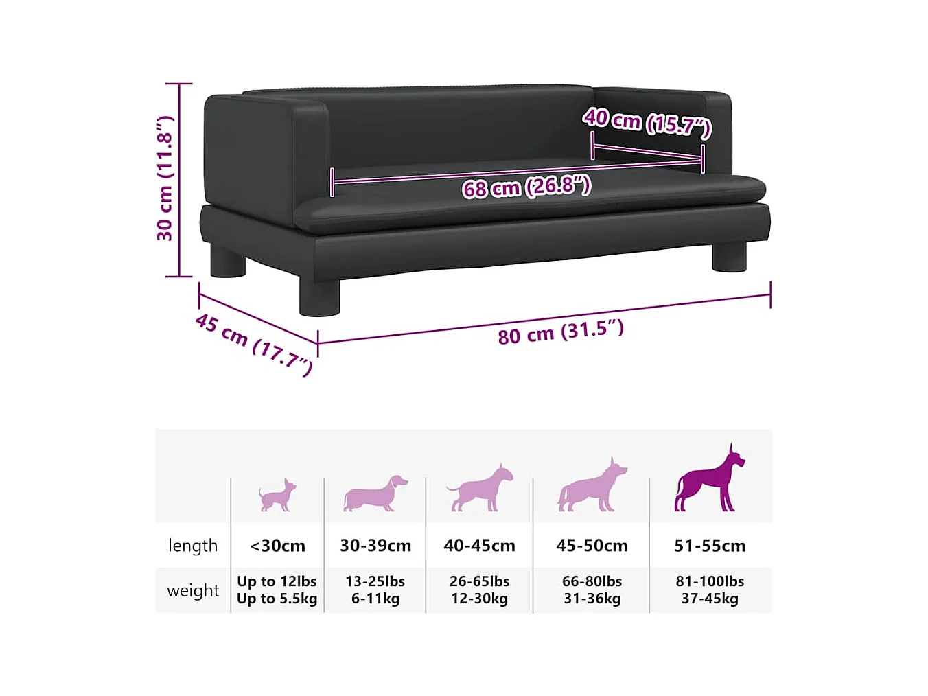 Cama para cães 80x45x30 cm couro artificial preto