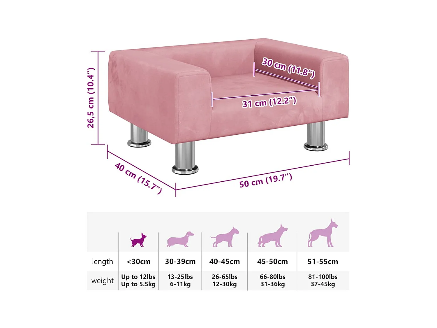 Cama para perros de terciopelo rosa 50x40x26,5 cm