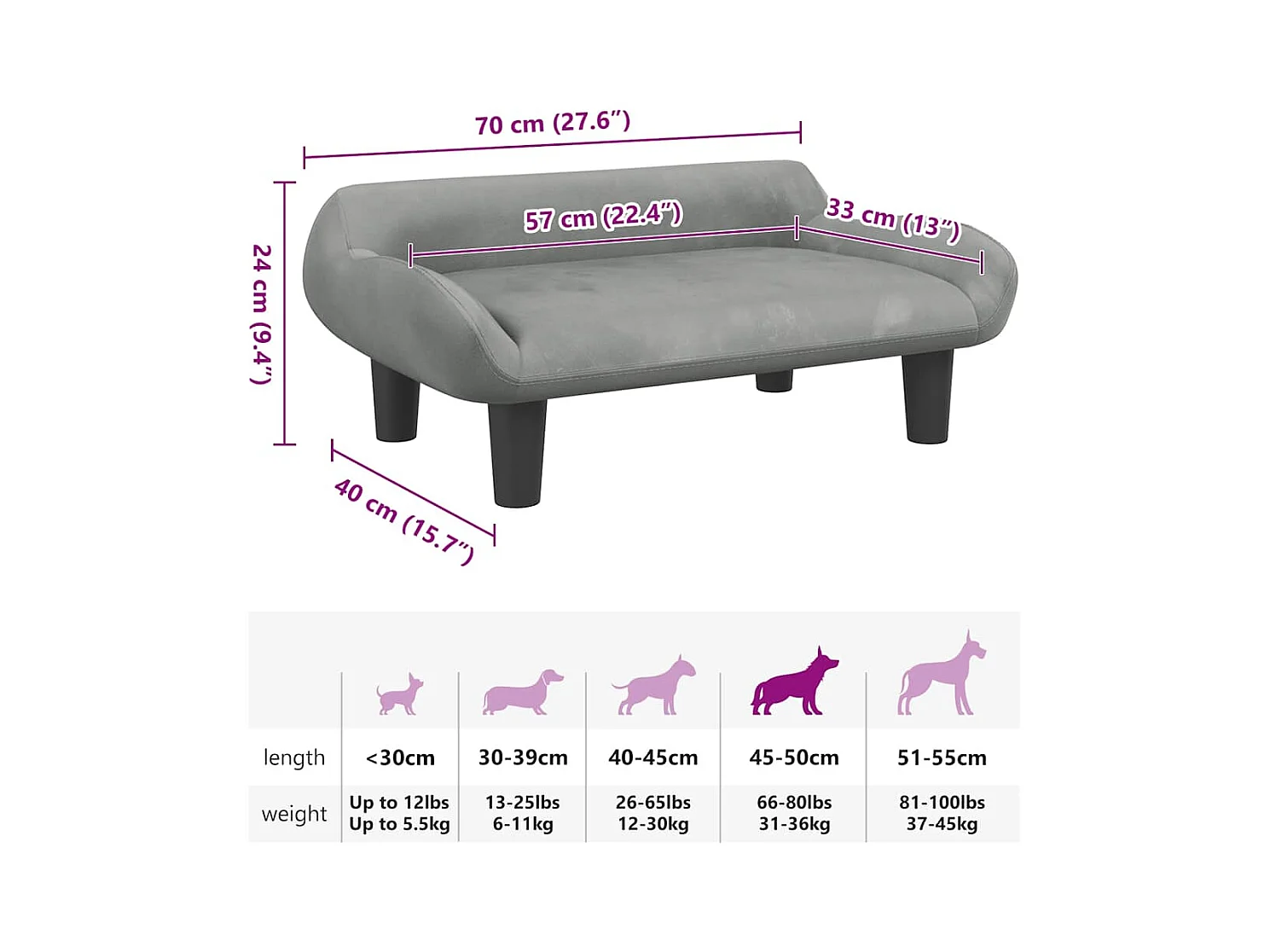 Cama para perros de terciopelo gris claro 70x40x24 cm