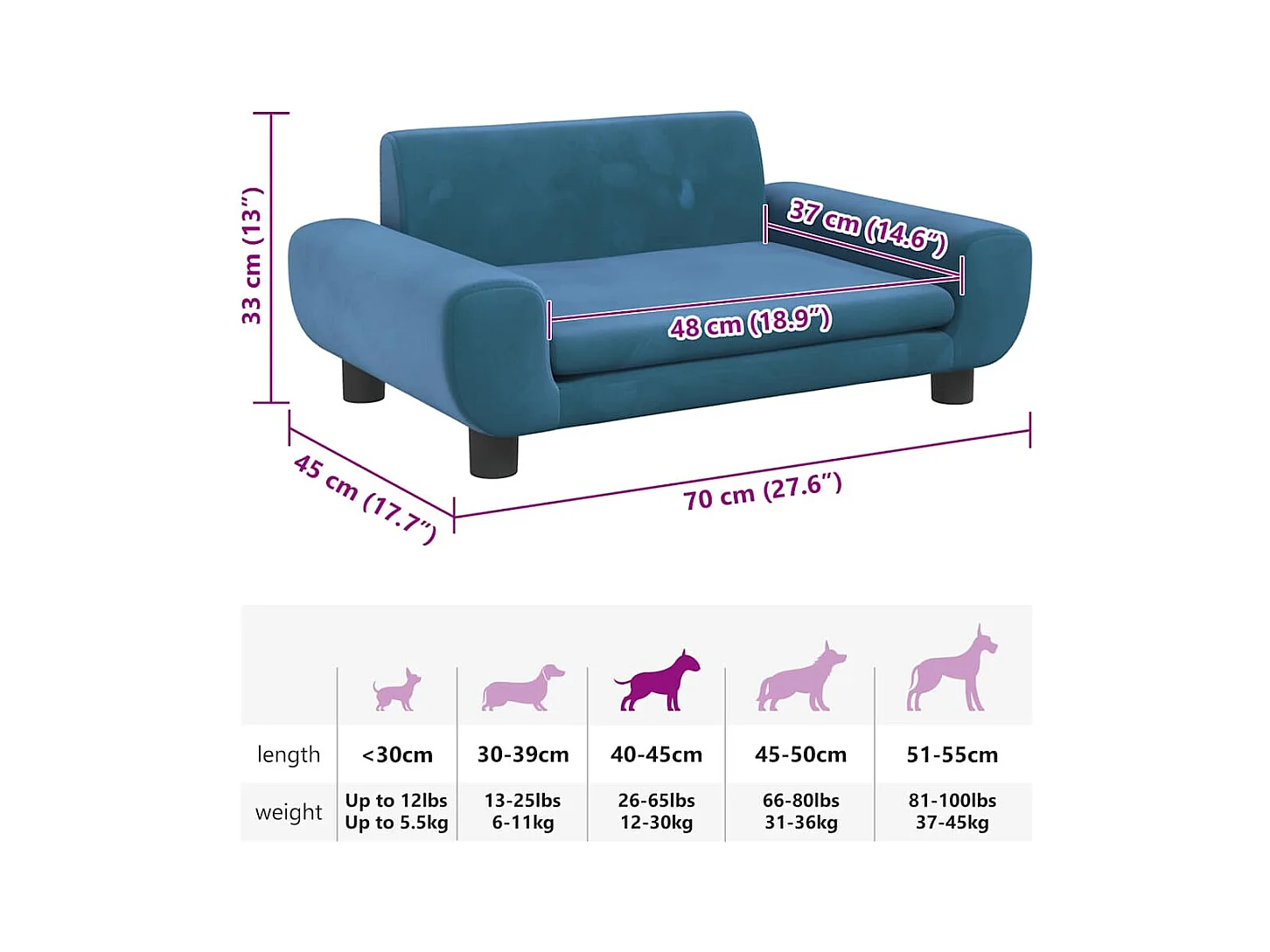 Cama para perros de terciopelo azul 70x45x33 cm