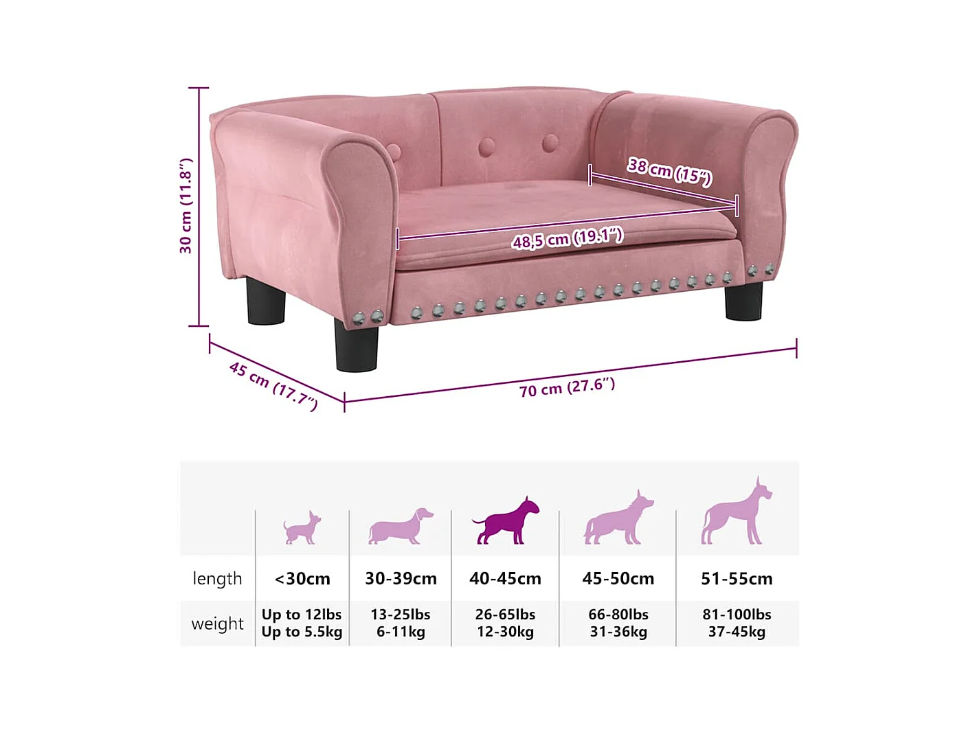 Cama para perros de terciopelo rosa 70x45x30 cm