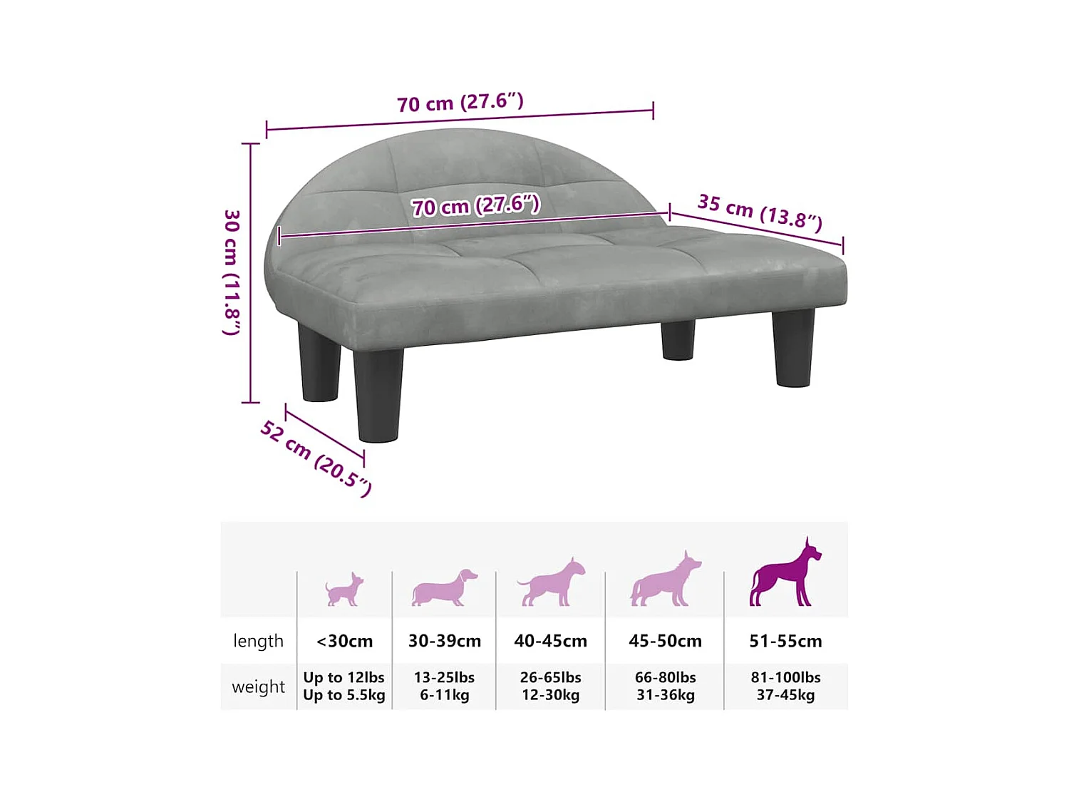 Cama para perros de terciopelo gris claro 70x52x30 cm