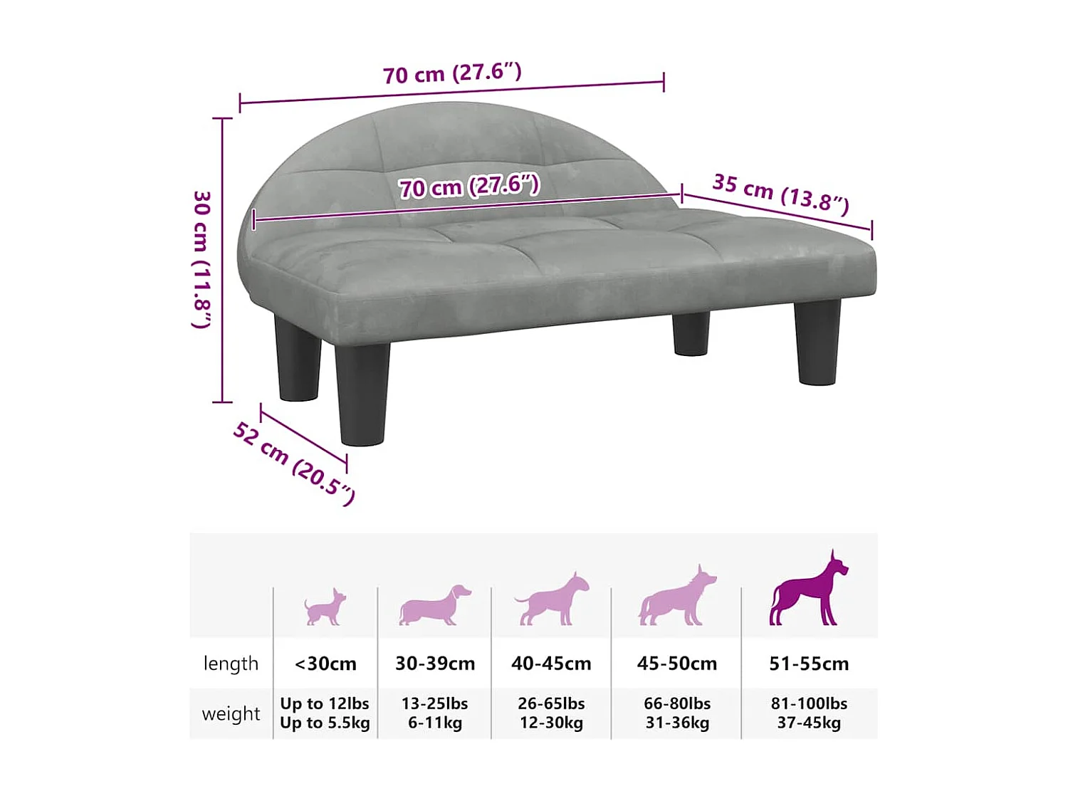 Cama para cães 70x52x30 cm veludo cinzento-claro