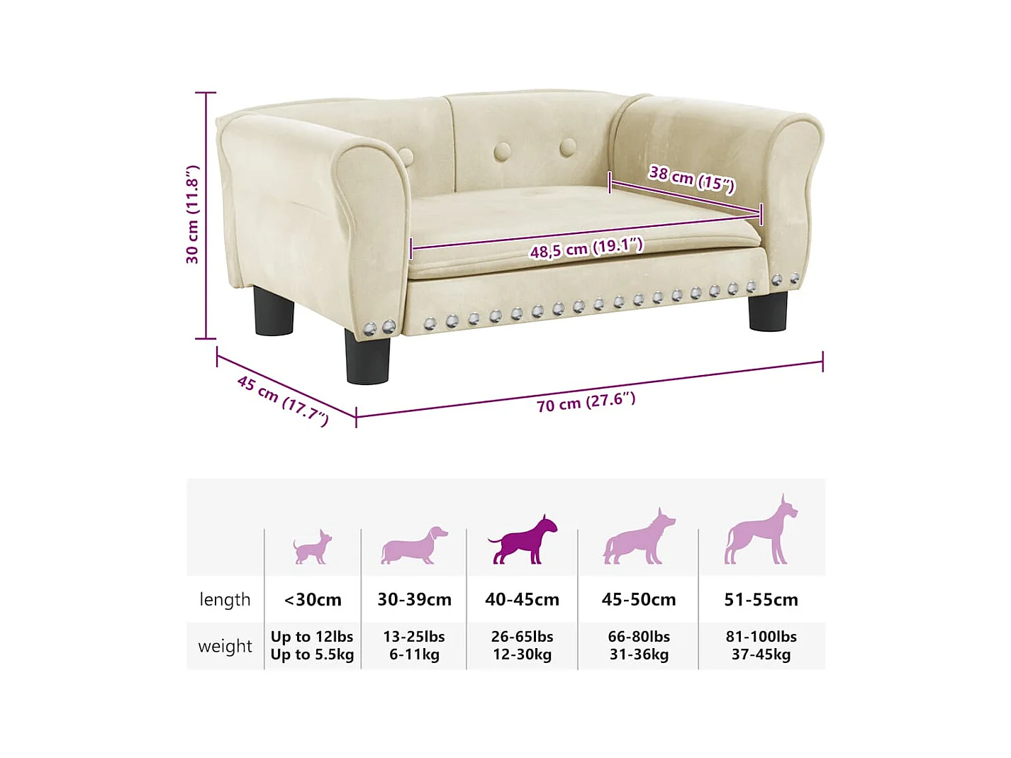 Cama para cães 70x45x30 cm veludo cor creme