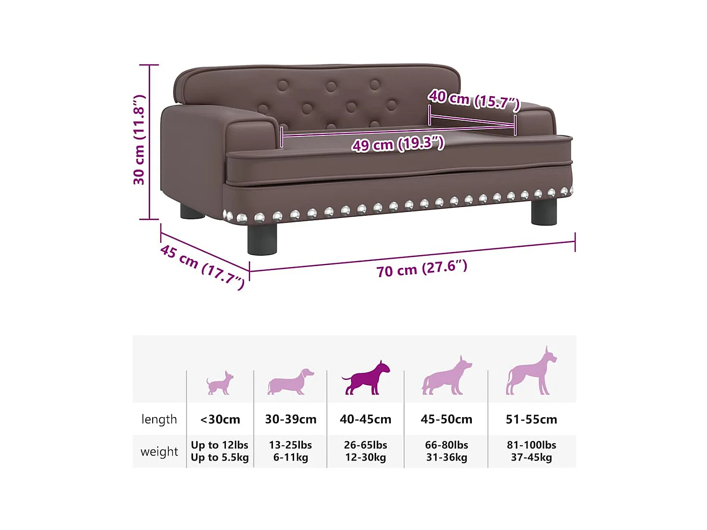 Cama para perros de cuero sintético marrón 70x45x30 cm