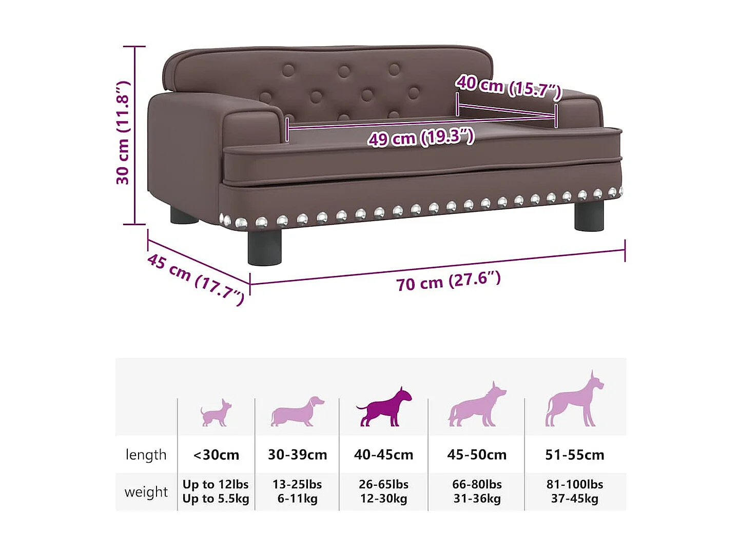 Lit pour chien marron 70x45x30 cm similicuir