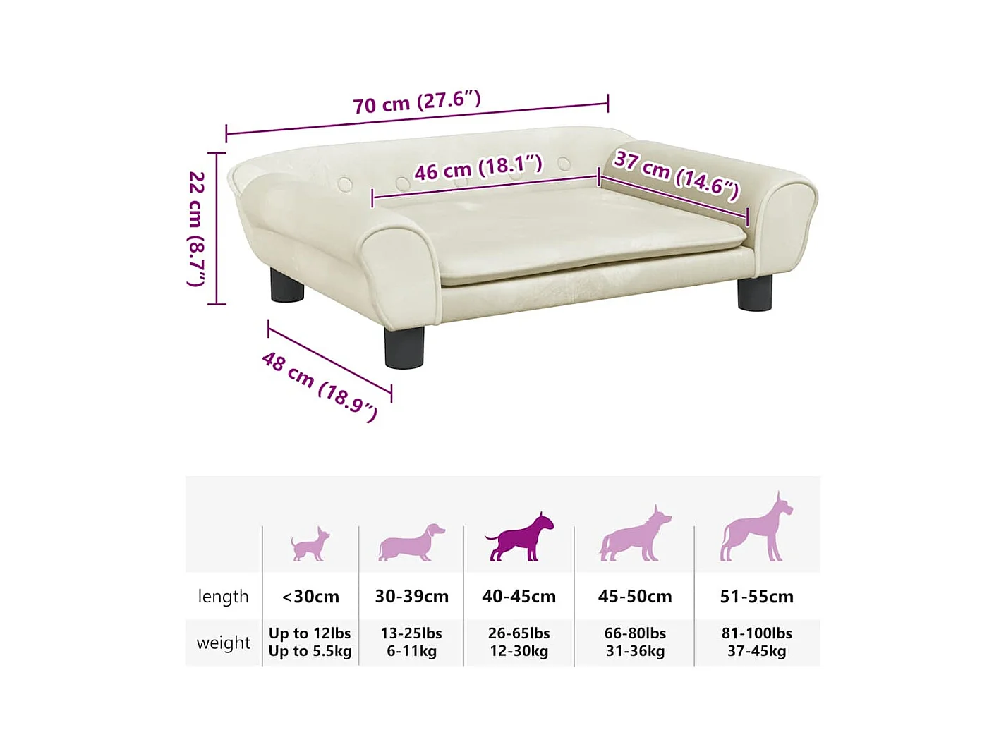 Cama para perros de terciopelo crema 70x48x22 cm