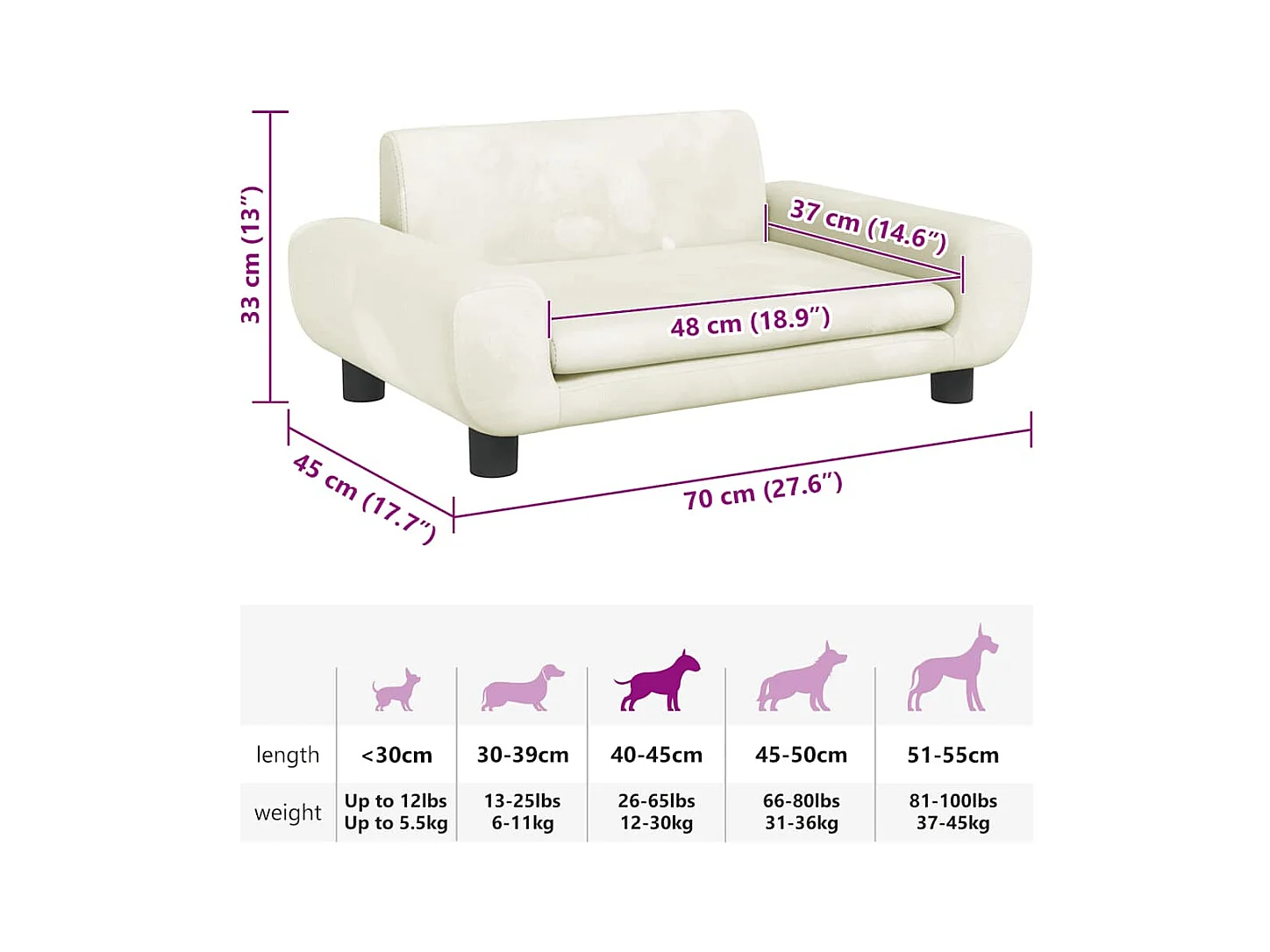 Cama para perros de terciopelo crema 70x45x33 cm