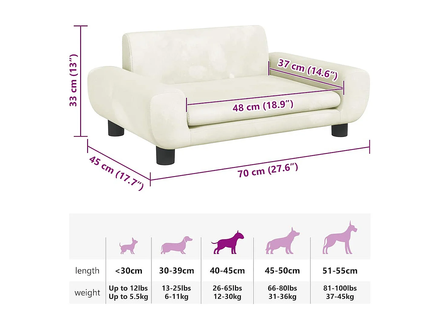 Lit pour chien crème 70x45x33 cm velours