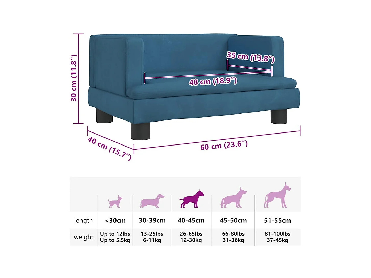 Cama para perros de terciopelo azul 60x40x30 cm