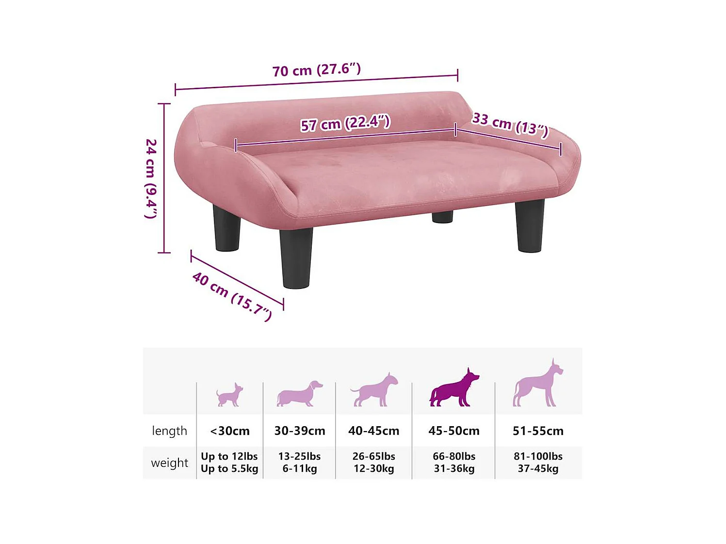 Cama para perros de terciopelo rosa 70x40x24 cm