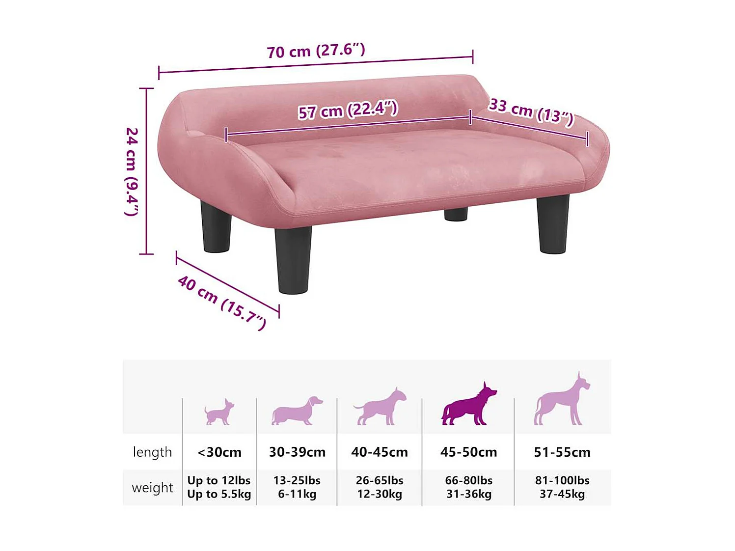 Cama para perros de terciopelo rosa 70x40x24 cm