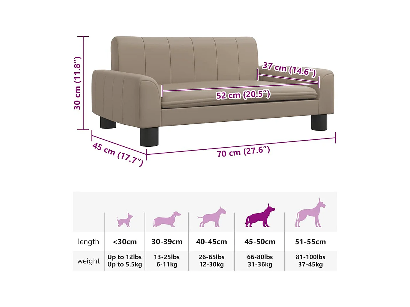 Cama para perros de cuero sintético color capuchino 70x45x30 cm