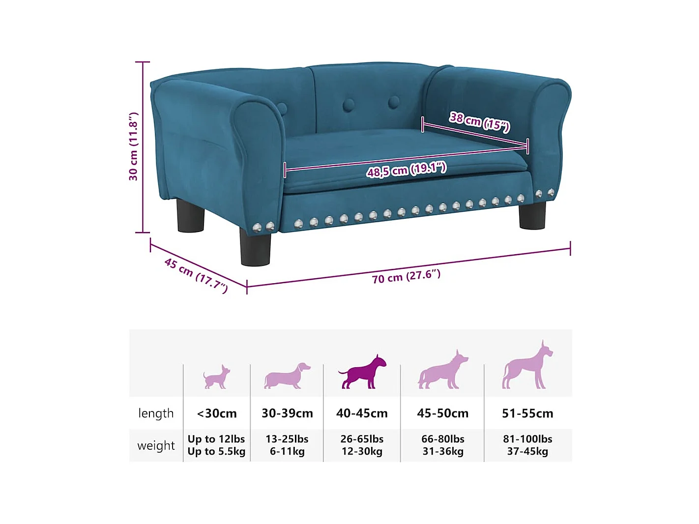 Cama para perros de terciopelo azul 70x45x30 cm