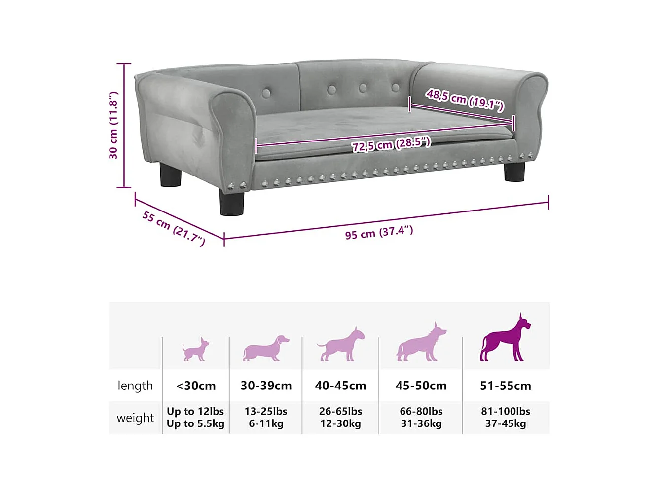 Cama para cães 95x55x30 cm veludo cinzento-claro