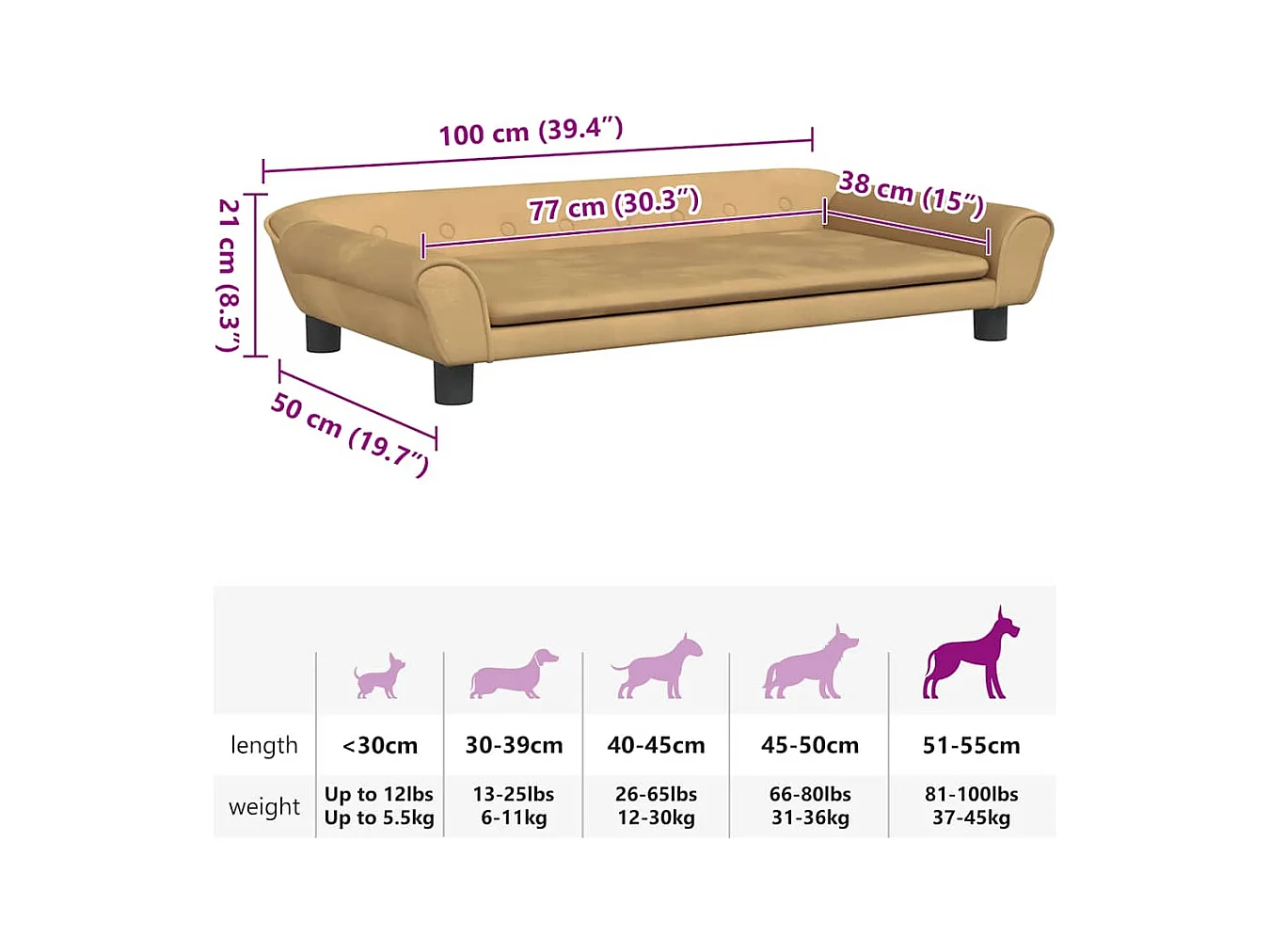 Cama para perros de terciopelo marrón 100x50x21 cm