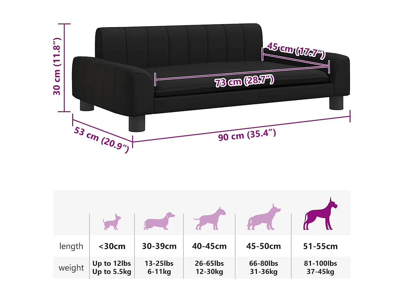 Lit pour chien noir 90x53x30 cm similicuir