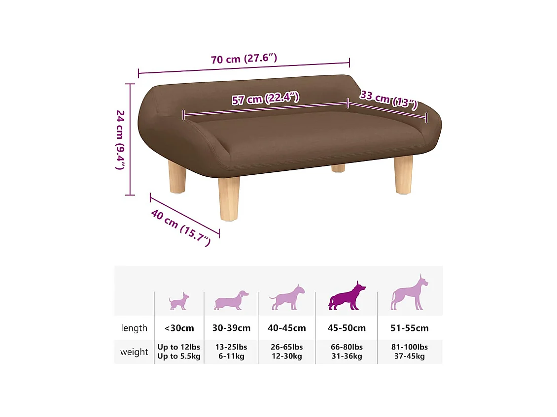 Lit pour chien marron 70x40x24 cm tissu