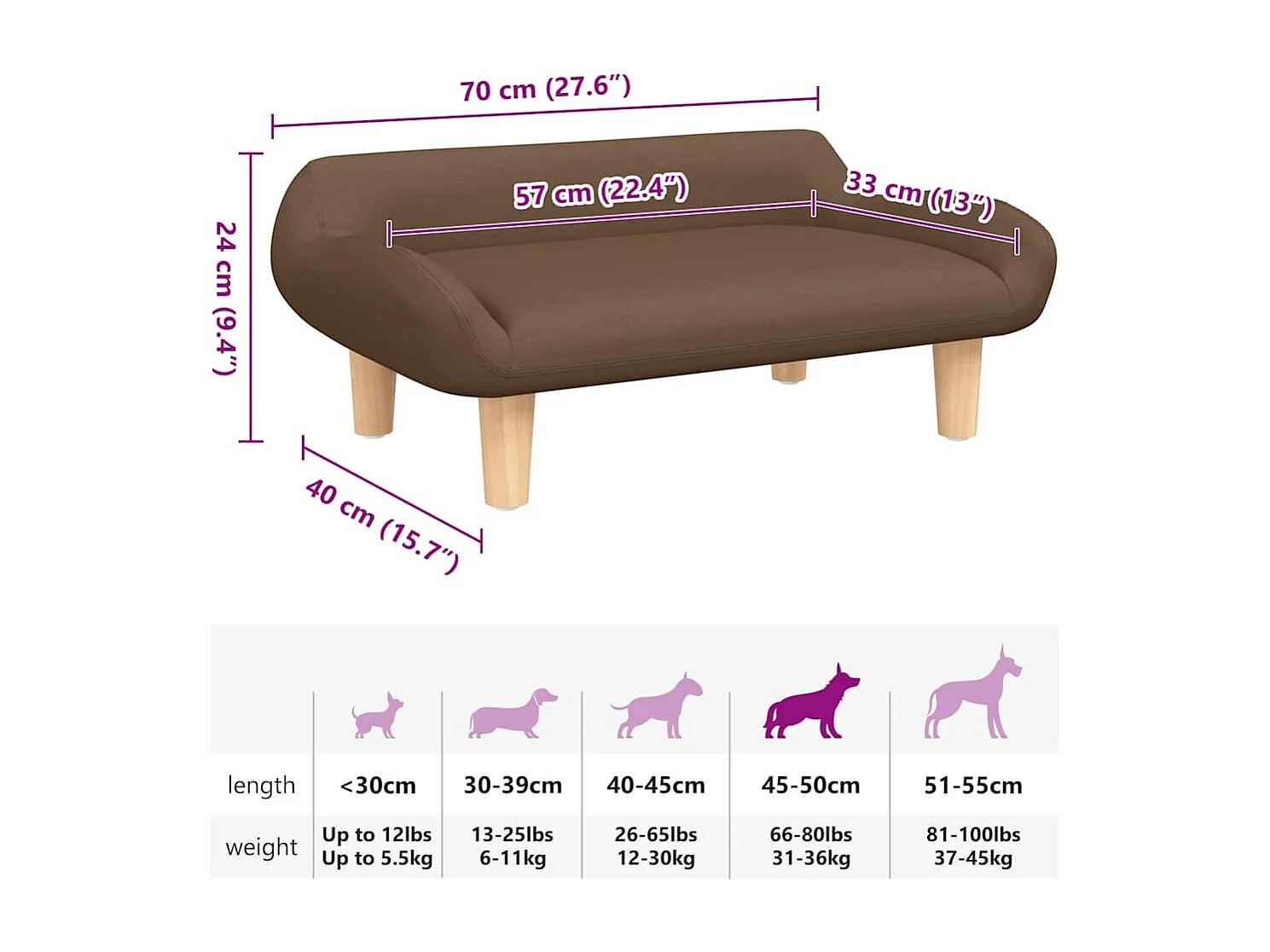 Lit pour chien marron 70x40x24 cm tissu