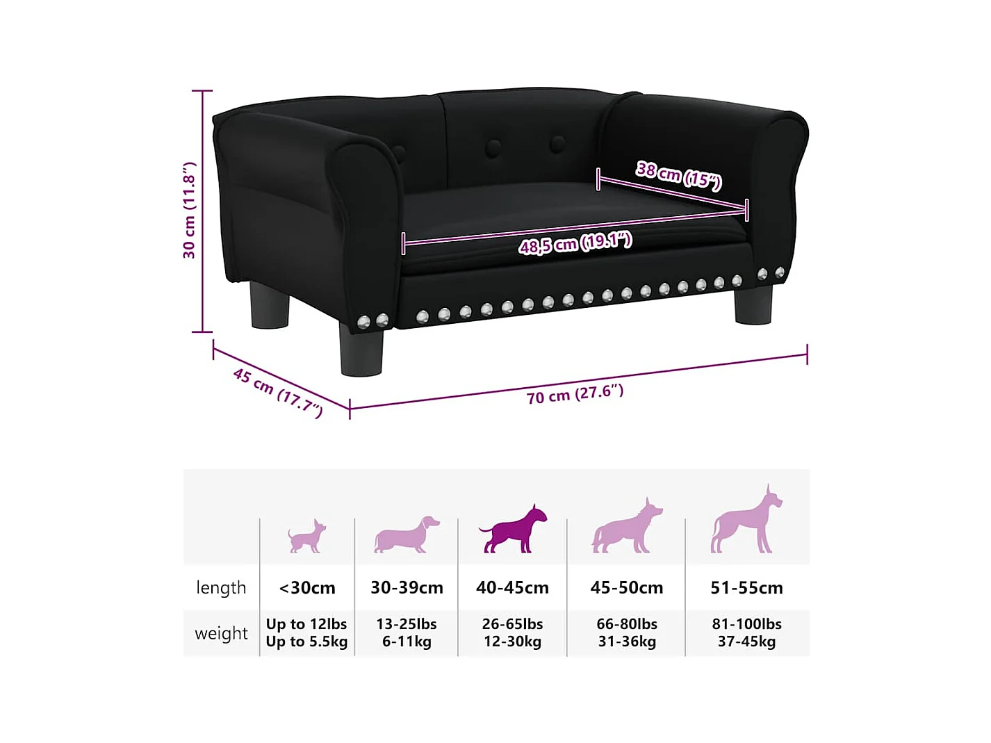 Cama para perros de cuero sintético negra 70x45x30 cm