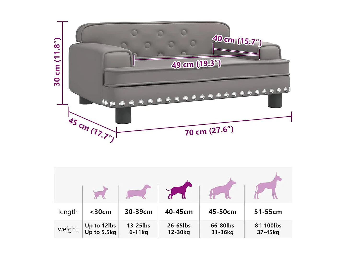 Lit pour chien gris 70x45x30 cm similicuir
