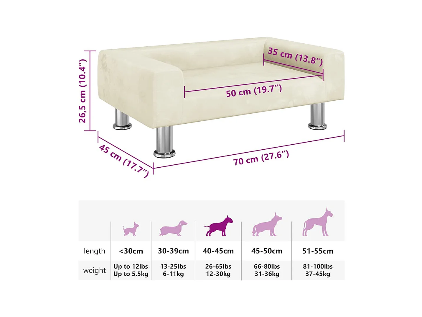 Cama para perros de terciopelo crema 70x45x26,5 cm