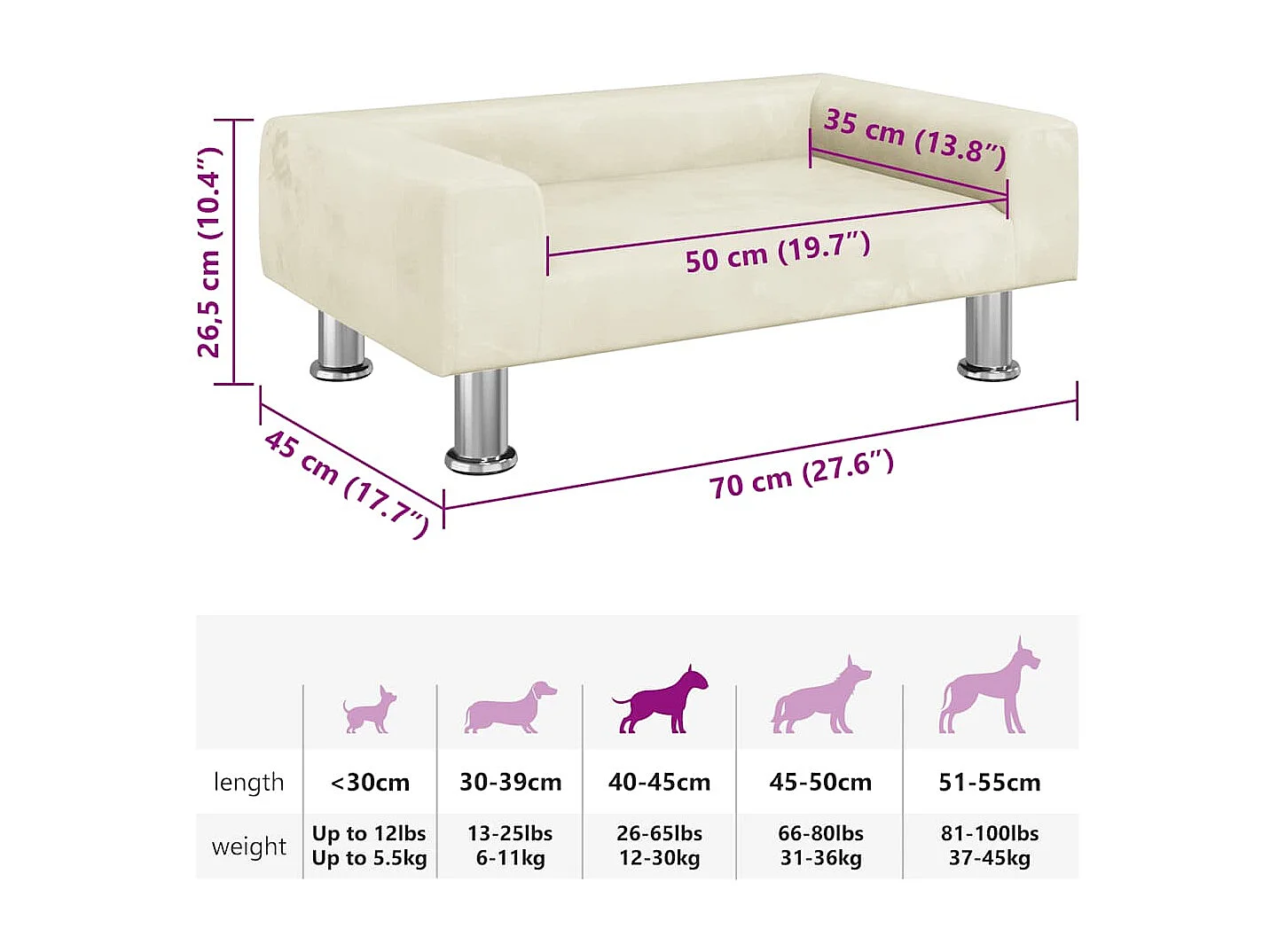 Cama para cães 70x45x26,5 cm veludo cor creme