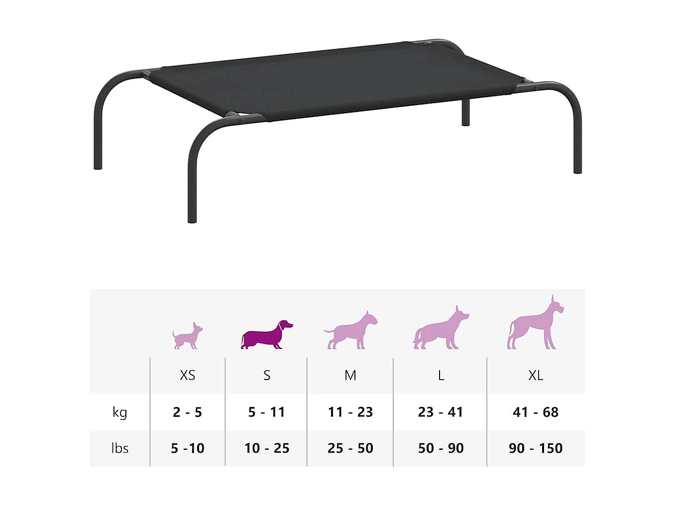 Cama elevada para perros negra 90x50x20 cm tela Oxford y acero