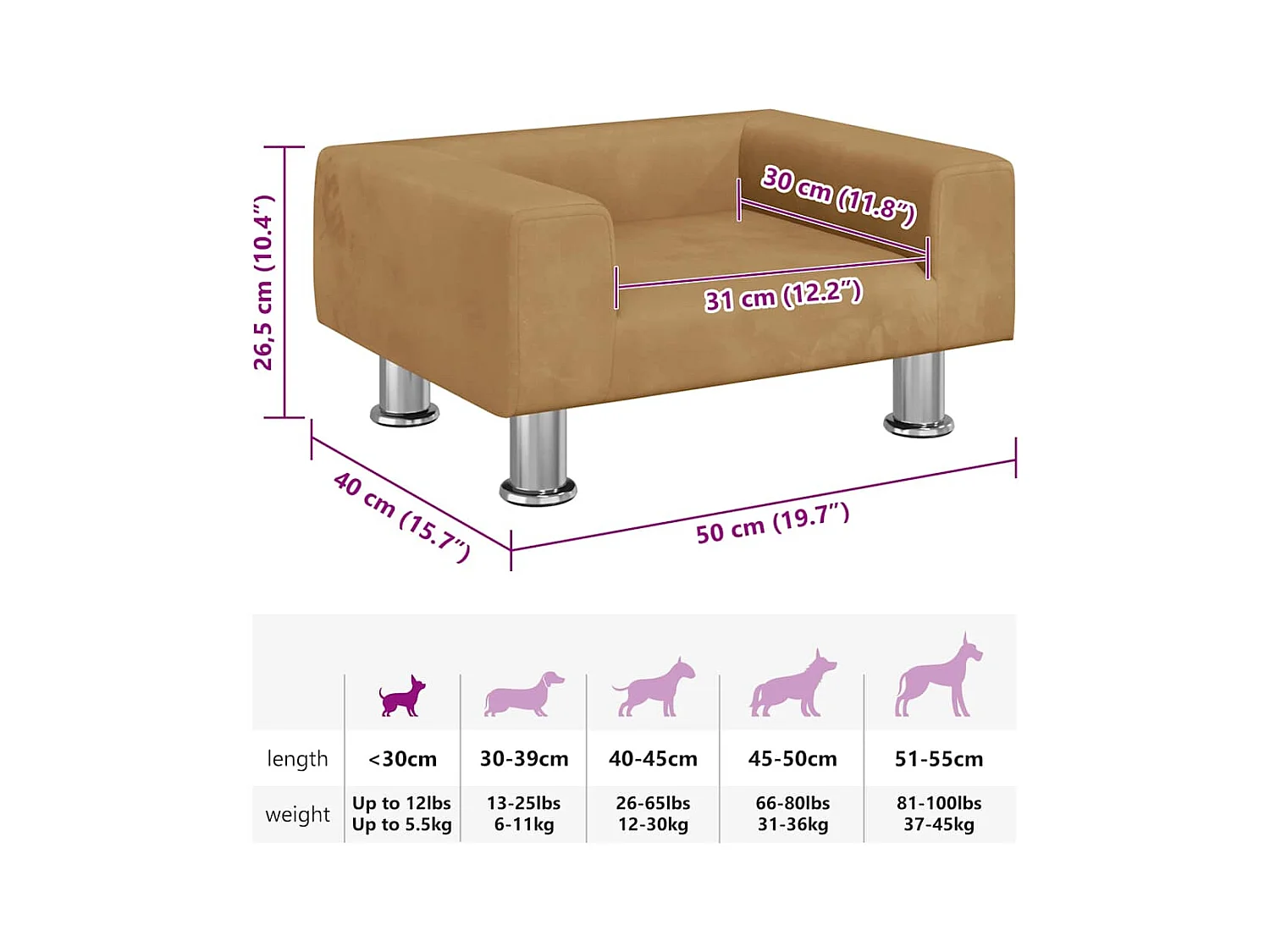 Cama para cães 50x40x26,5 cm veludo castanho