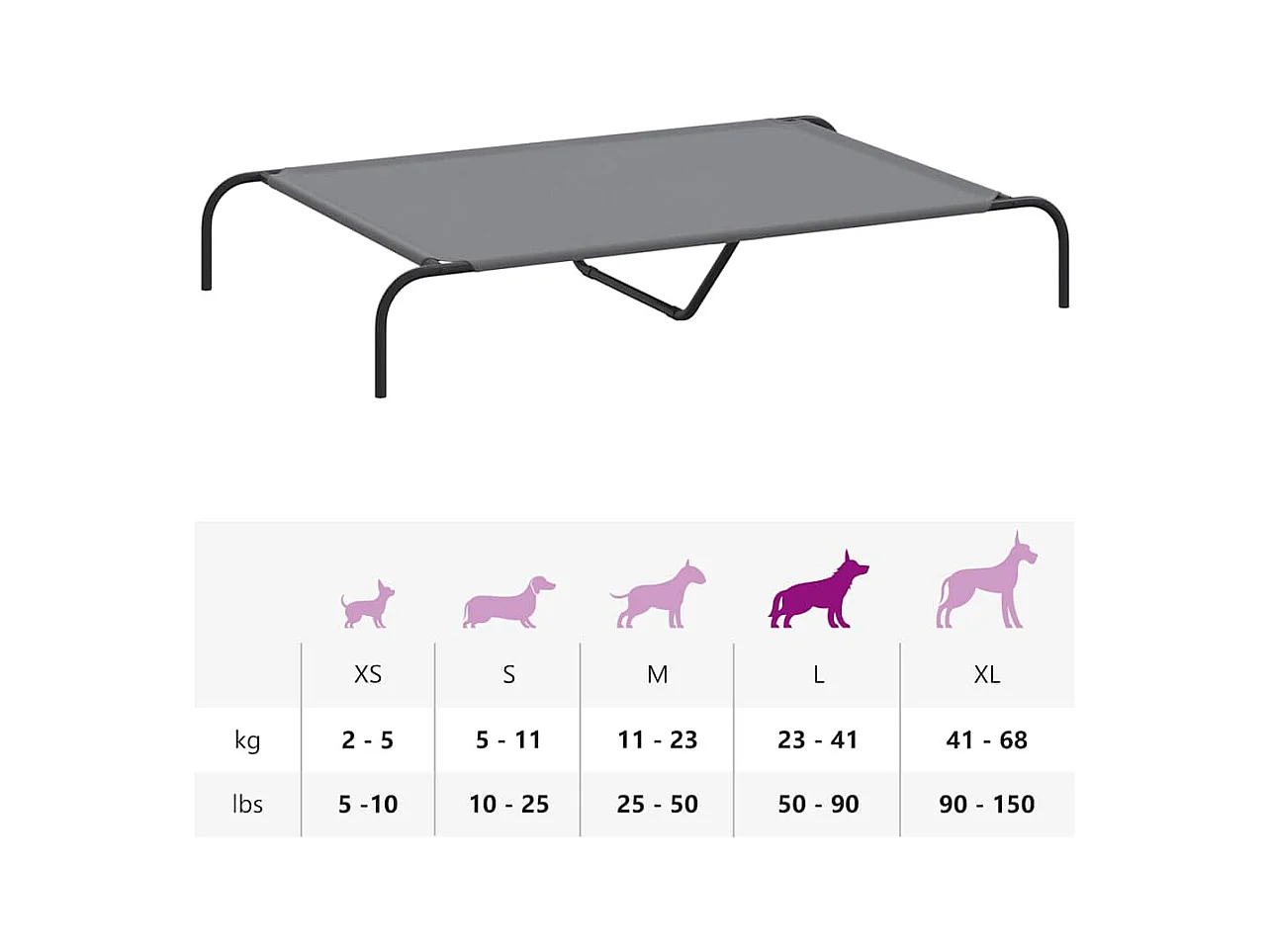 Cama para cães elevada 130x80x20cm tecido oxford e aço cinzento