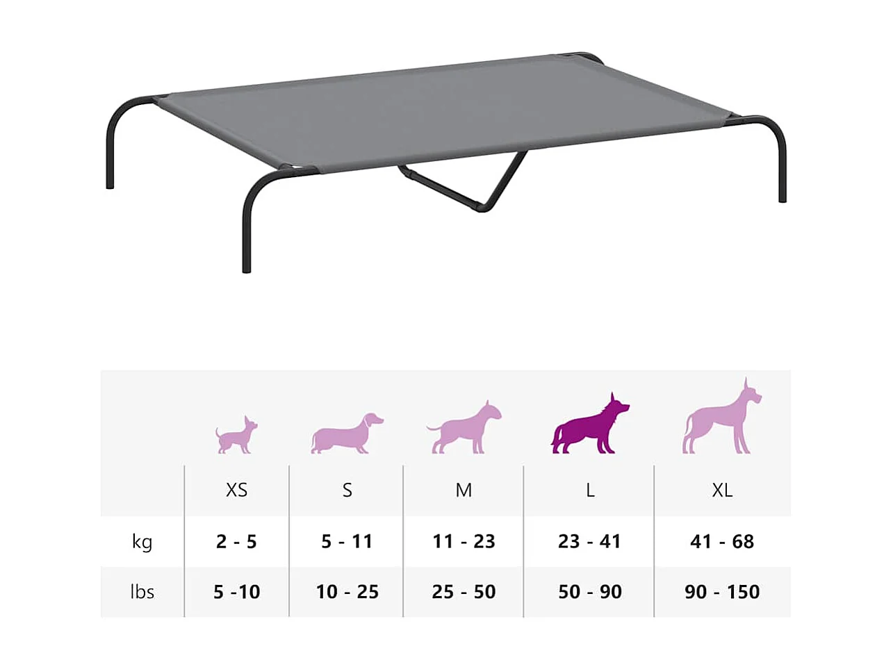 Cama para cães elevada 130x80x20cm tecido oxford e aço cinzento