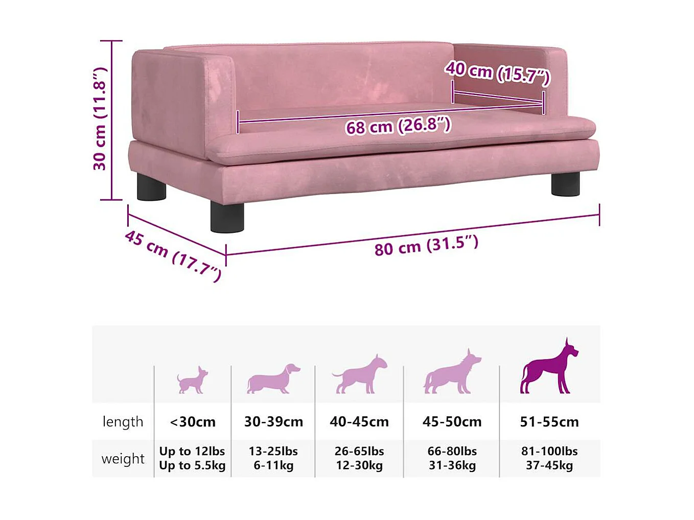 Cama para perros de terciopelo rosa 80x45x30 cm