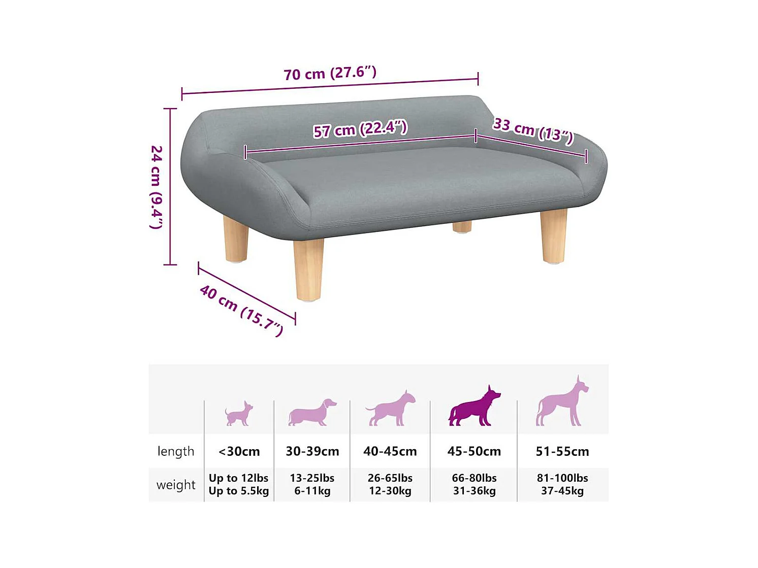Cama para perros de tela gris claro 70x40x24 cm