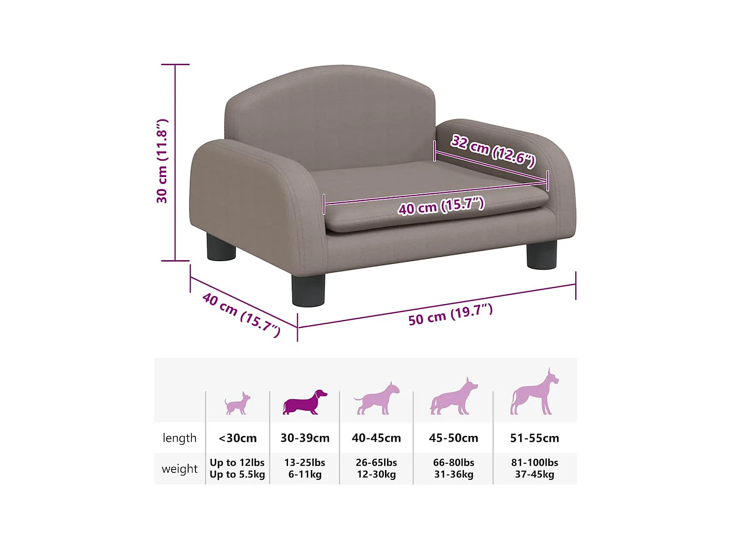 Cama para perros de tela gris taupe 50x40x30 cm