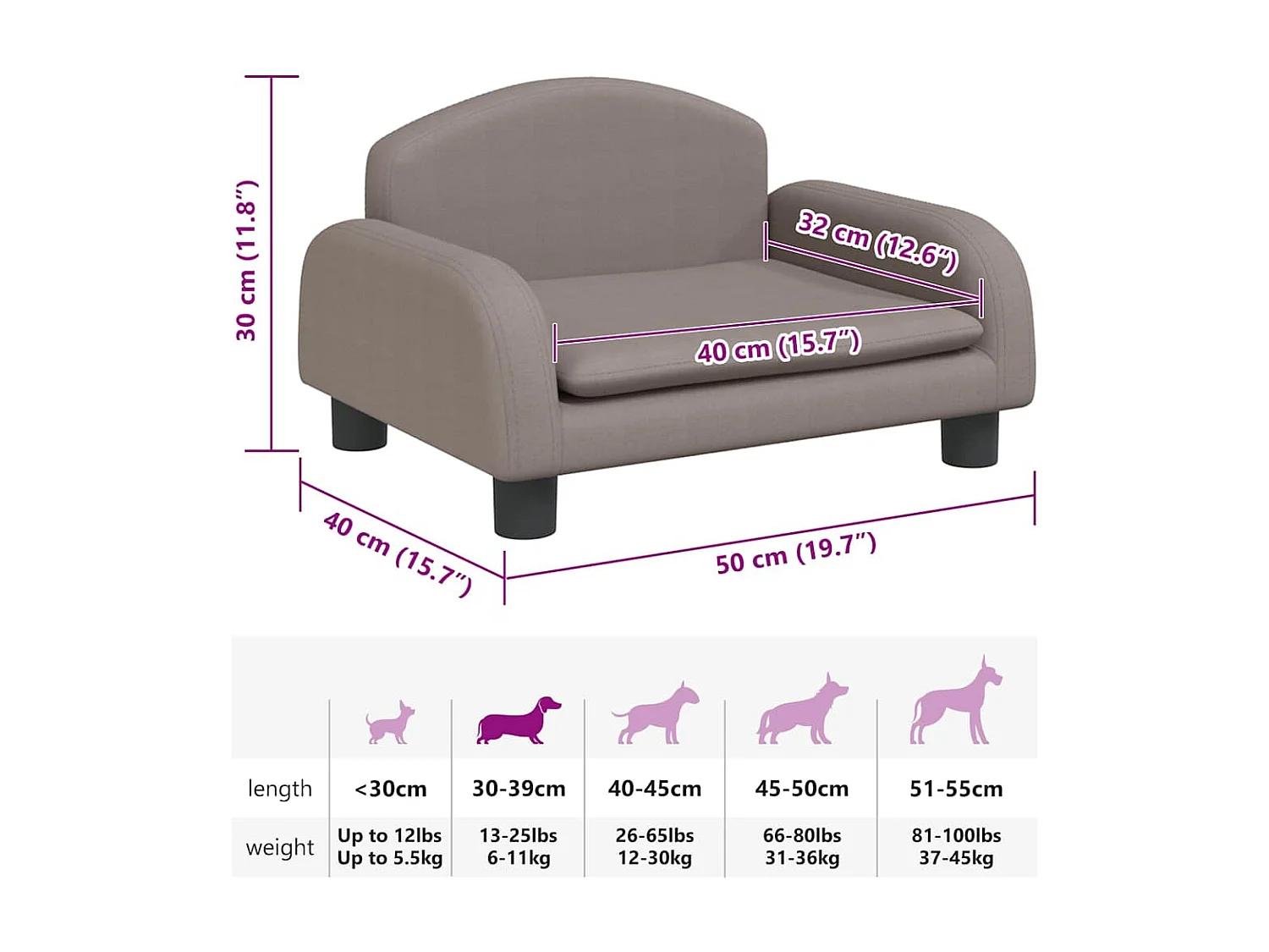 Cama para perros de tela gris taupe 50x40x30 cm